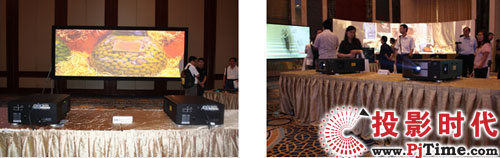 兩臺RLM W6配合5.4M*1.9M正投軟幕融合拼接投影效果